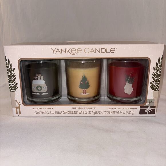 Yankee 3 Candle Holiday Gift Set~Balsam Cedar~Christmas Cookie~Sparking Cinnamon - Picture 1 of 7